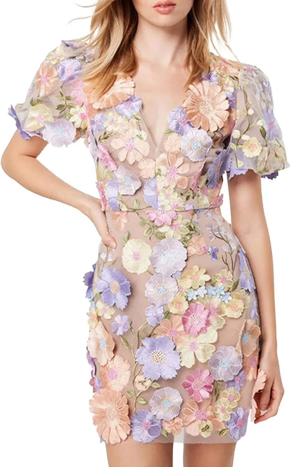 Women's 3D Floral Embroidery Dress Ruffle Sleeve Deep V Lace Bodycon Party Cocktail Mini Dress(Blue-M)
