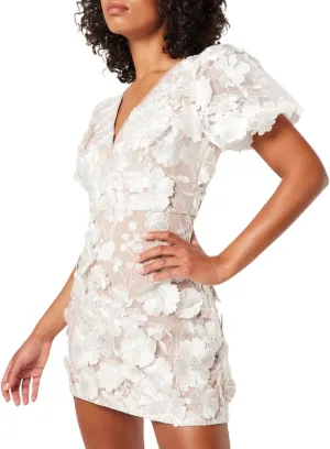 Women's 3D Floral Embroidery Dress Ruffle Sleeve Deep V Lace Bodycon Party Cocktail Mini Dress(White-3XL)