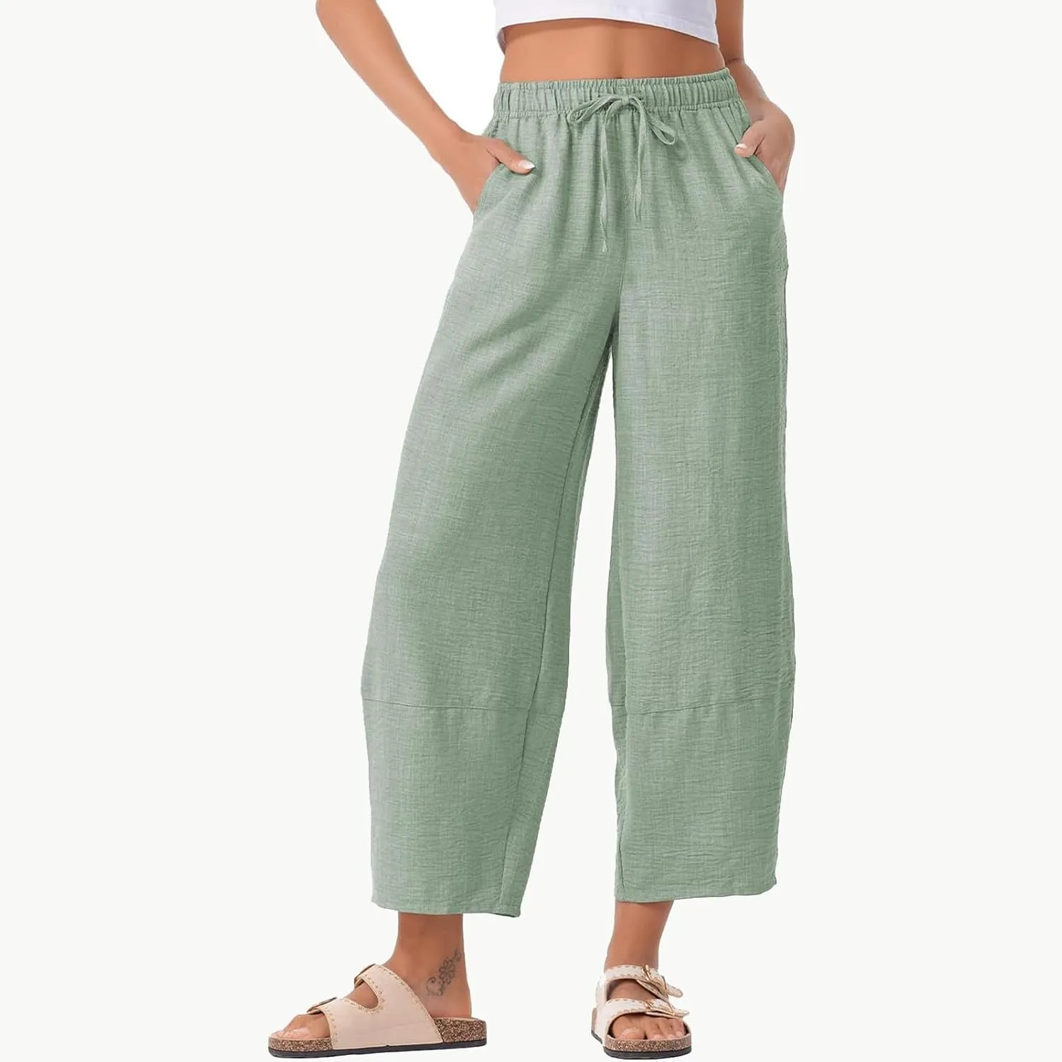 Womens Baggy Wide Leg Pants Casual Drawstring Elastic Waist Linen Carpi Pants Summer 2025 Harem Trousers with Pockets