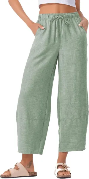 Womens Baggy Wide Leg Pants Casual Drawstring Elastic Waist Linen Carpi Pants Summer 2025 Harem Trousers with Pockets