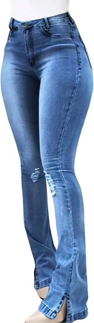 Women's Butt Lifting Tummy Control Fitting Jeans High Waist Stretchy Denim Distressed Ripped Flare Bell Bottom Pants