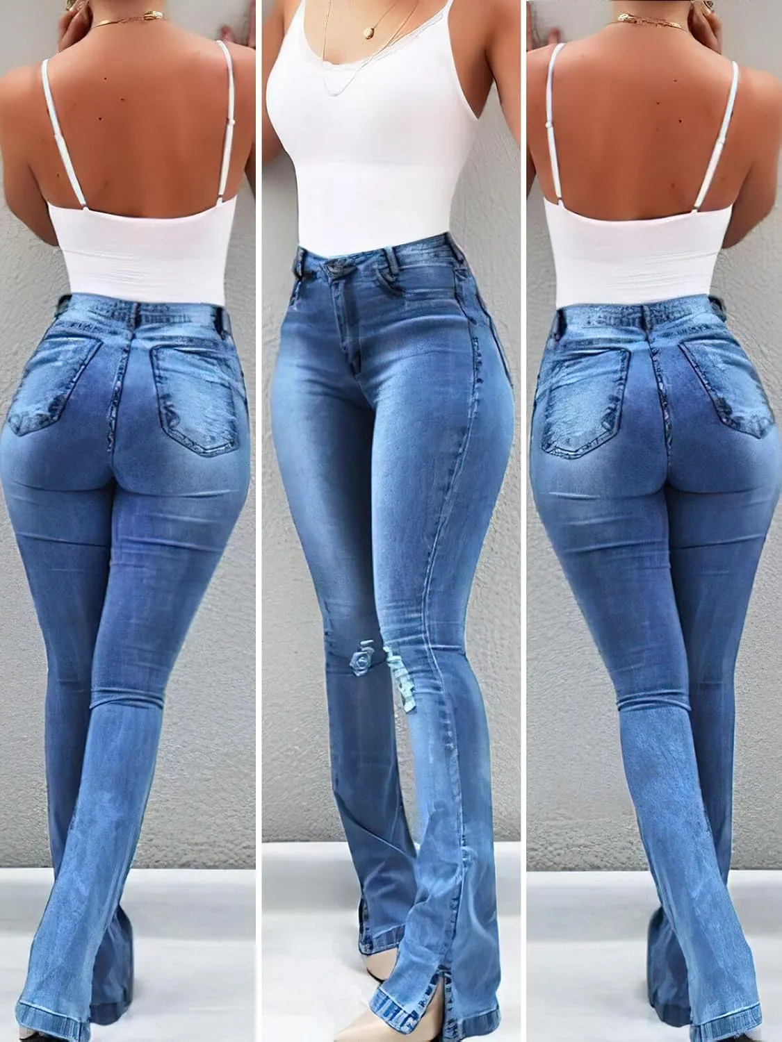 Women's Butt Lifting Tummy Control Fitting Jeans High Waist Stretchy Denim Distressed Ripped Flare Bell Bottom Pants