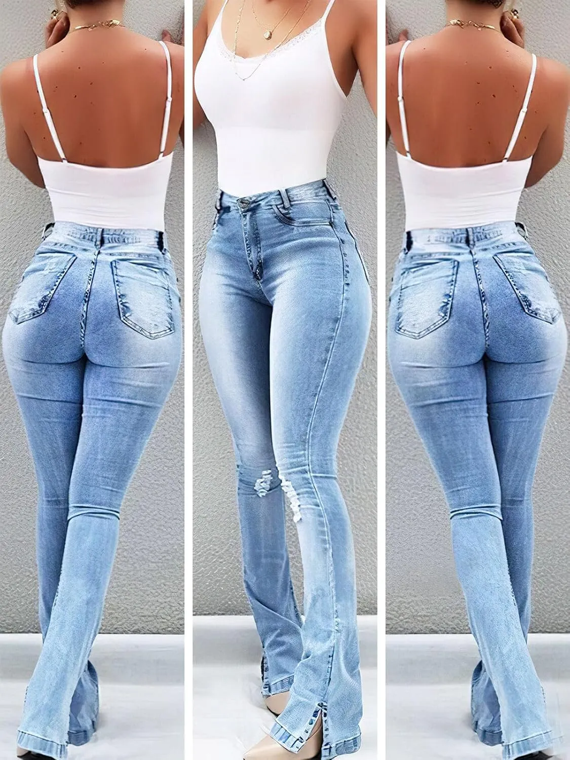 Women's Butt Lifting Tummy Control Fitting Jeans High Waist Stretchy Denim Distressed Ripped Flare Bell Bottom Pants