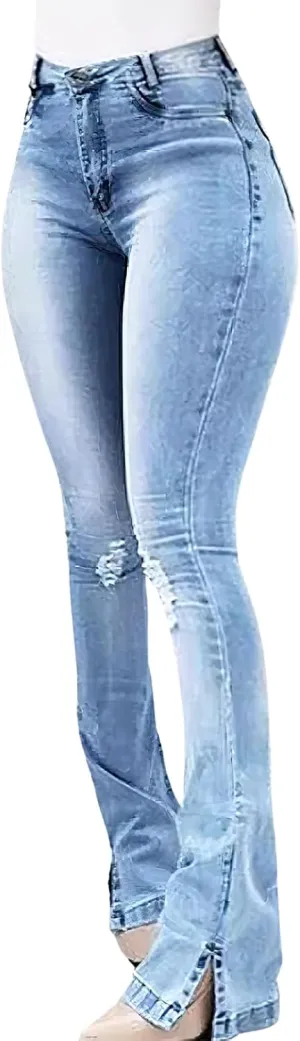 Women's Butt Lifting Tummy Control Fitting Jeans High Waist Stretchy Denim Distressed Ripped Flare Bell Bottom Pants