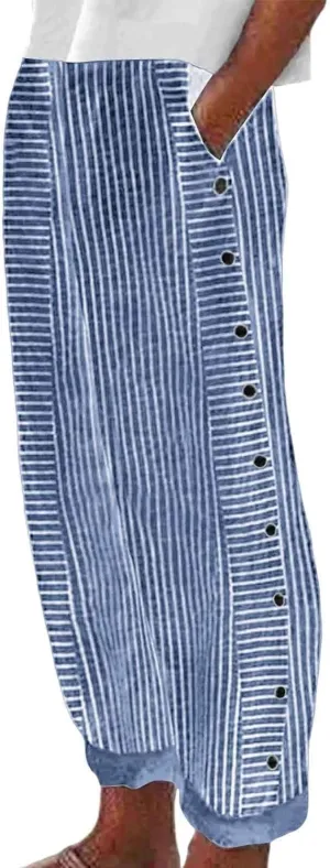 Women's Capri Pants High Waist Drawstring Cinch Bottom with Button Cotton Loose Casual Trouser with Pockets