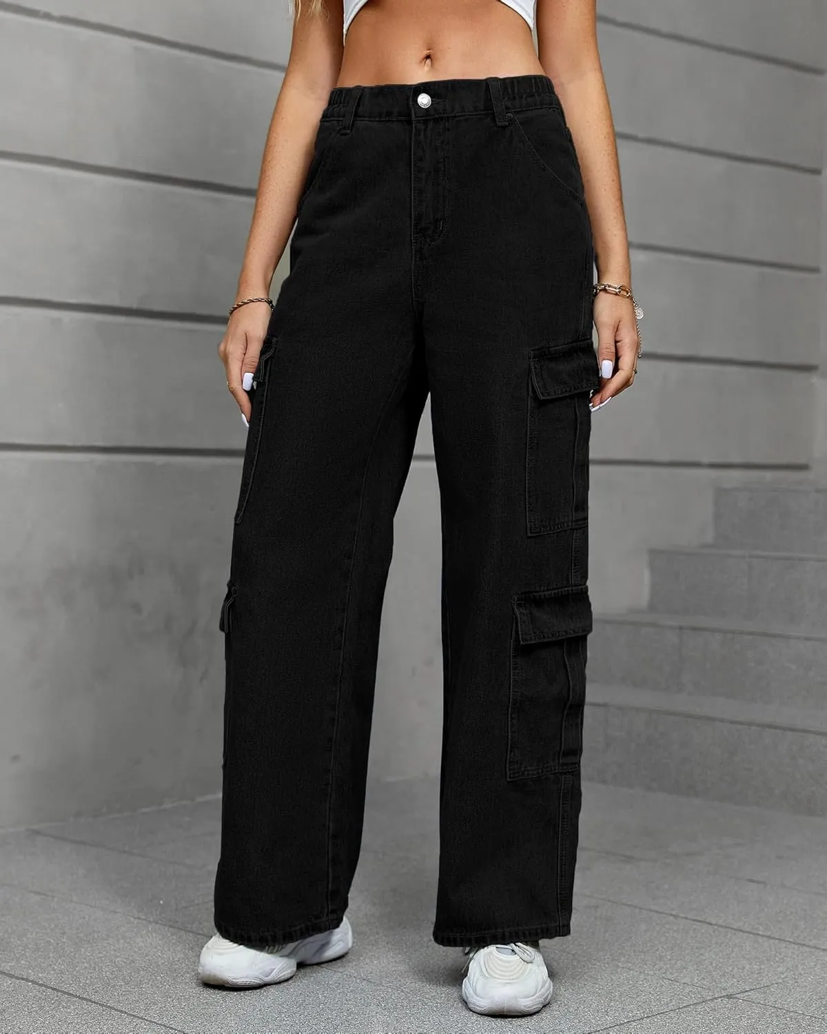 Womens Cargo Pants Elastic High Waist Baggy Cargo Jeans Flap Pocket Straight Casual Y2K Streetwear Trousers.