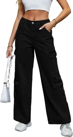 Womens Cargo Pants Elastic High Waist Baggy Cargo Jeans Flap Pocket Straight Casual Y2K Streetwear Trousers.