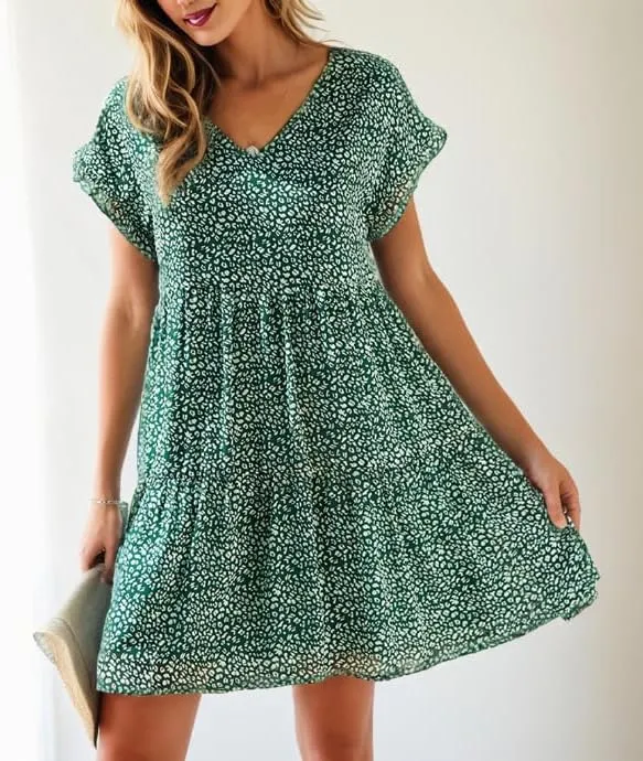 Women's Casual Flowy Mini Floral Chiffon Tiered Dress Swing Babydoll A-line Ruffle Cap Sleeve V Neck High Waist Short Dresses