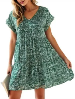 Women's Casual Flowy Mini Floral Chiffon Tiered Dress Swing Babydoll A-line Ruffle Cap Sleeve V Neck High Waist Short Dresses
