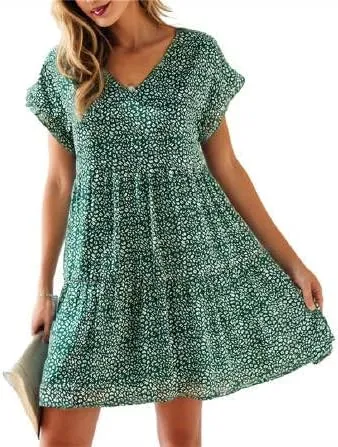 Women's Casual Flowy Mini Floral Chiffon Tiered Dress Swing Babydoll A-line Ruffle Cap Sleeve V Neck High Waist Short Dresses