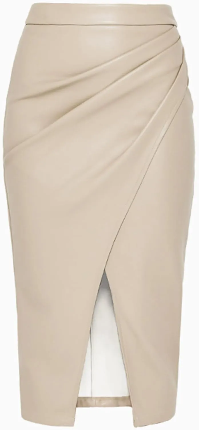 Womens Casual Leather Pencil Midi Skirt Trendy High Waisted Bodycon Pleated Front Split Skirt