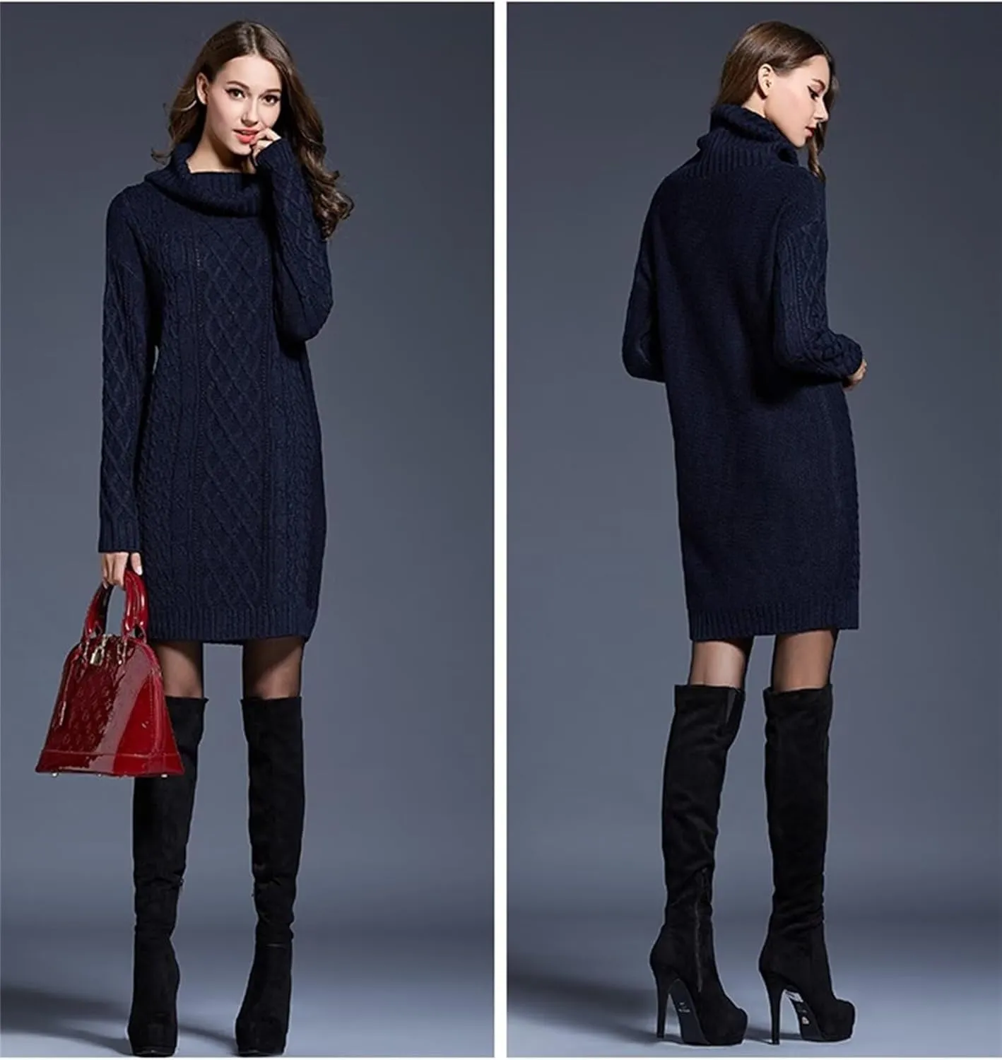 Women's Casual Winter Dress - Trendy Long Sleeve Turtle Neck Knit Maxi Christmas Dress - Warm Plus Size