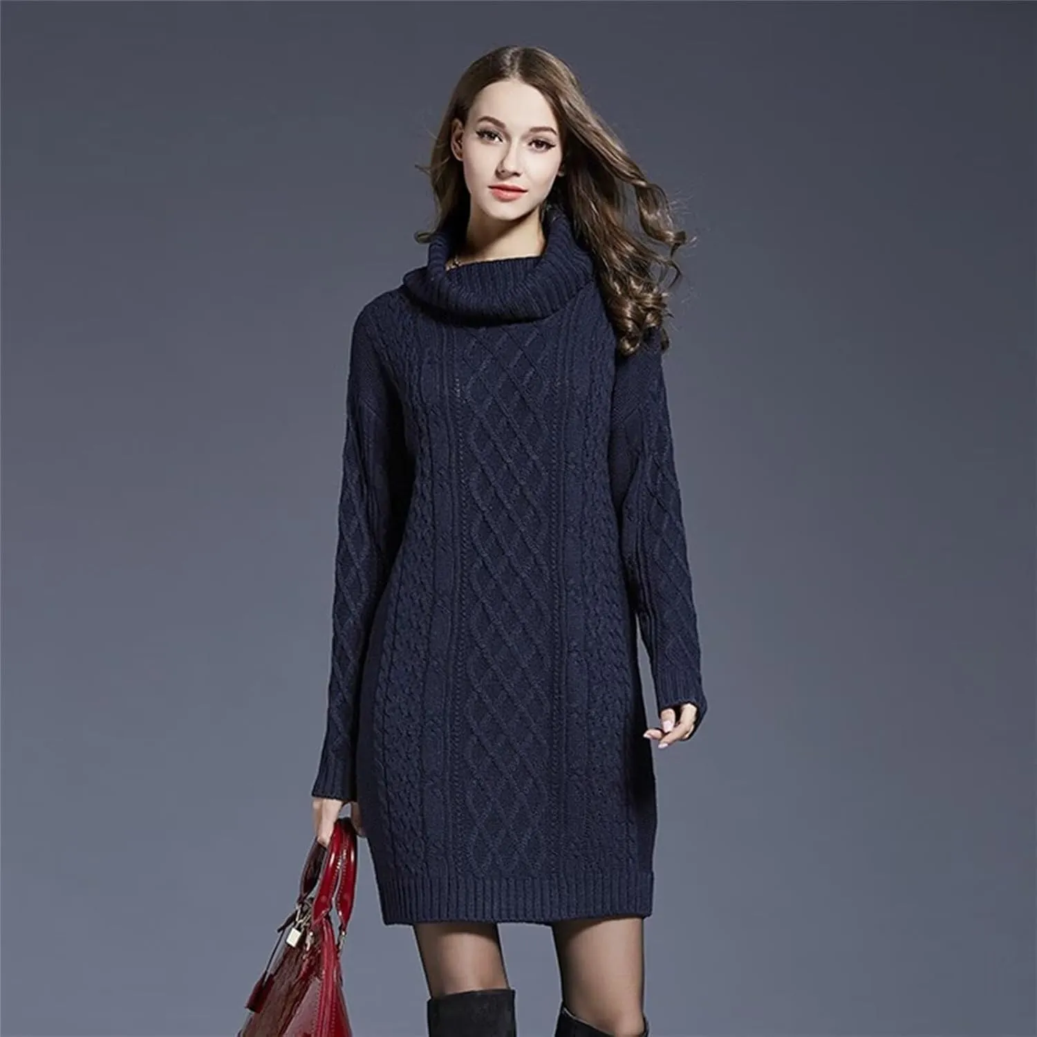Women's Casual Winter Dress - Trendy Long Sleeve Turtle Neck Knit Maxi Christmas Dress - Warm Plus Size
