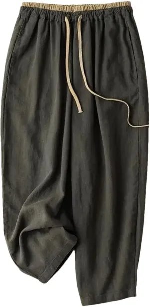 Women's Cotton Linen Loose Harem Pants Elastic Drawstring Waist Casual Wide-Leg Pants