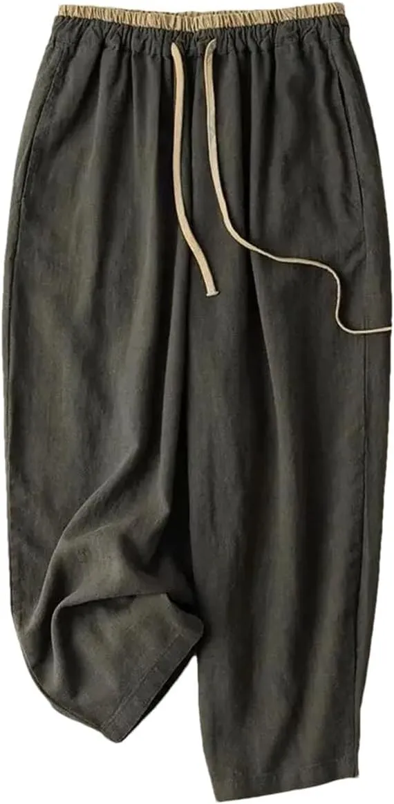 Women's Cotton Linen Loose Harem Pants Elastic Drawstring Waist Casual Wide-Leg Pants
