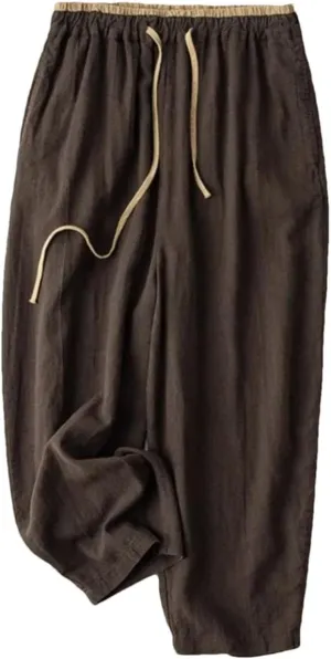 Women's Cotton Linen Loose Harem Pants Elastic Drawstring Waist Casual Wide-Leg Pants
