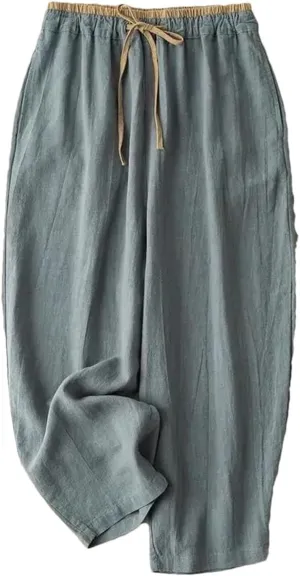 Women's Cotton Linen Loose Harem Pants Elastic Drawstring Waist Casual Wide-Leg Pants
