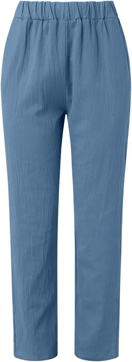 Women's Cotton Linen Pants Summer Straight Leg Loose Drawstring Trousers High Waist Casual Beach Pants with Pockets
