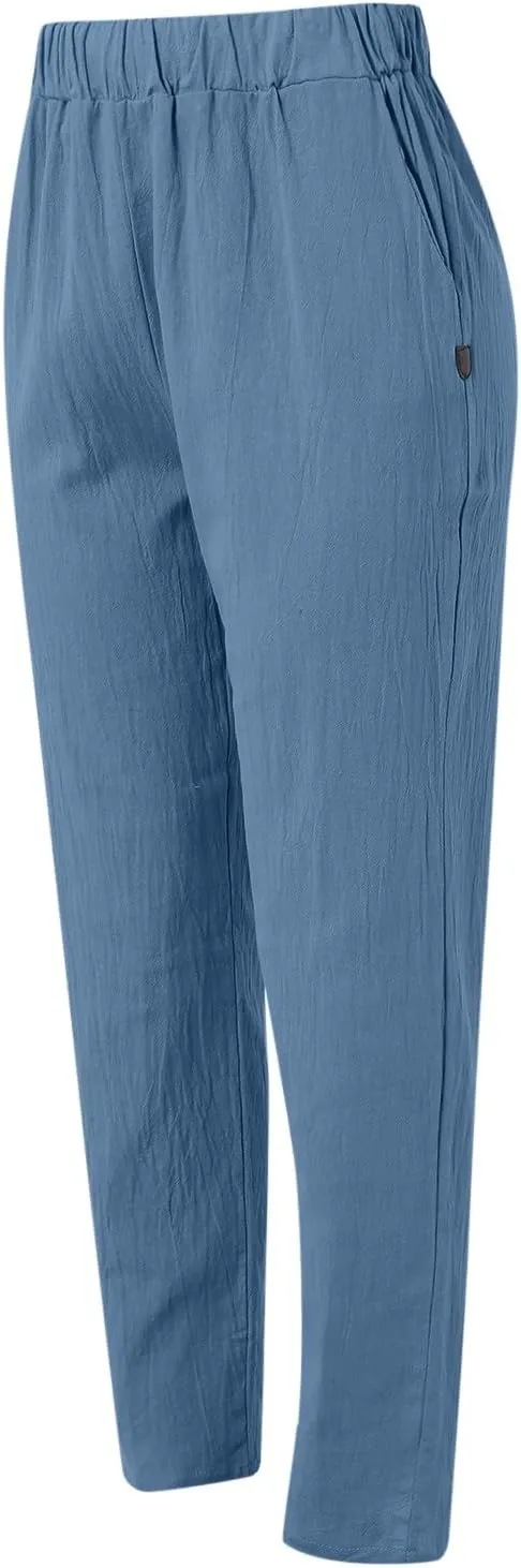 Women's Cotton Linen Pants Summer Straight Leg Loose Drawstring Trousers High Waist Casual Beach Pants with Pockets