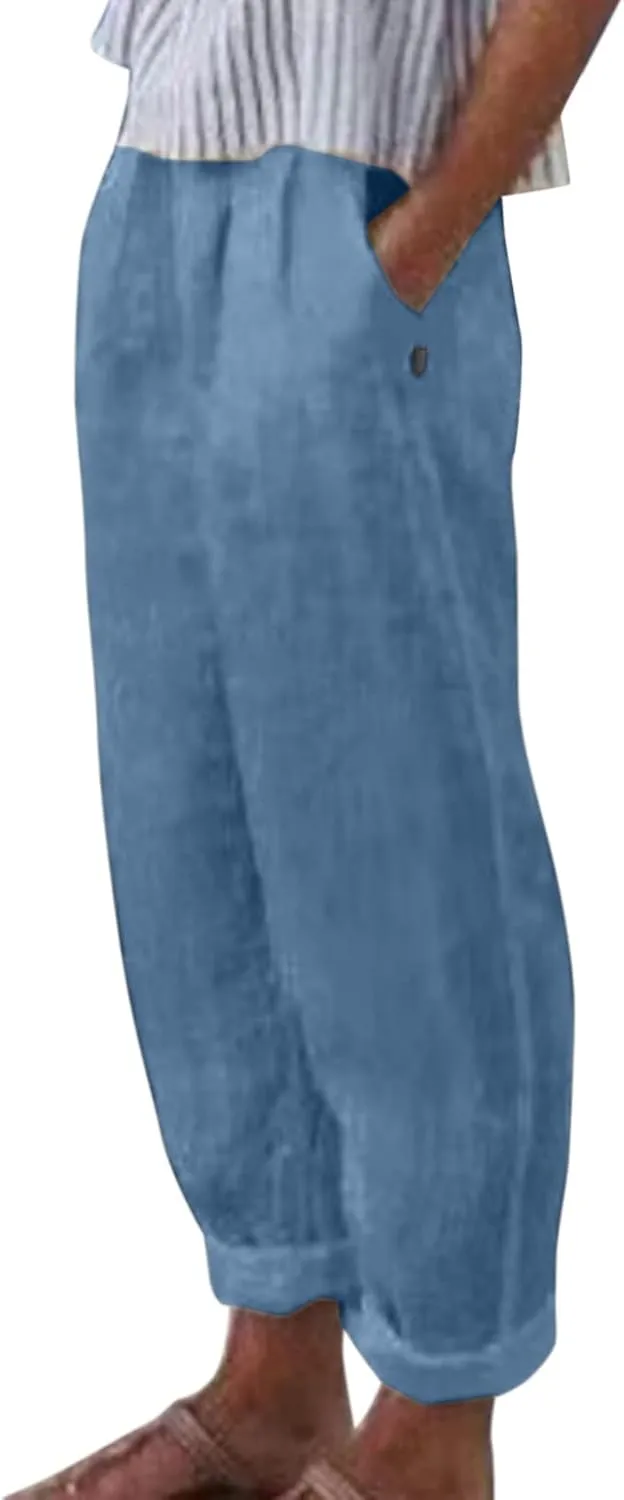 Women's Cotton Linen Pants Summer Straight Leg Loose Drawstring Trousers High Waist Casual Beach Pants with Pockets