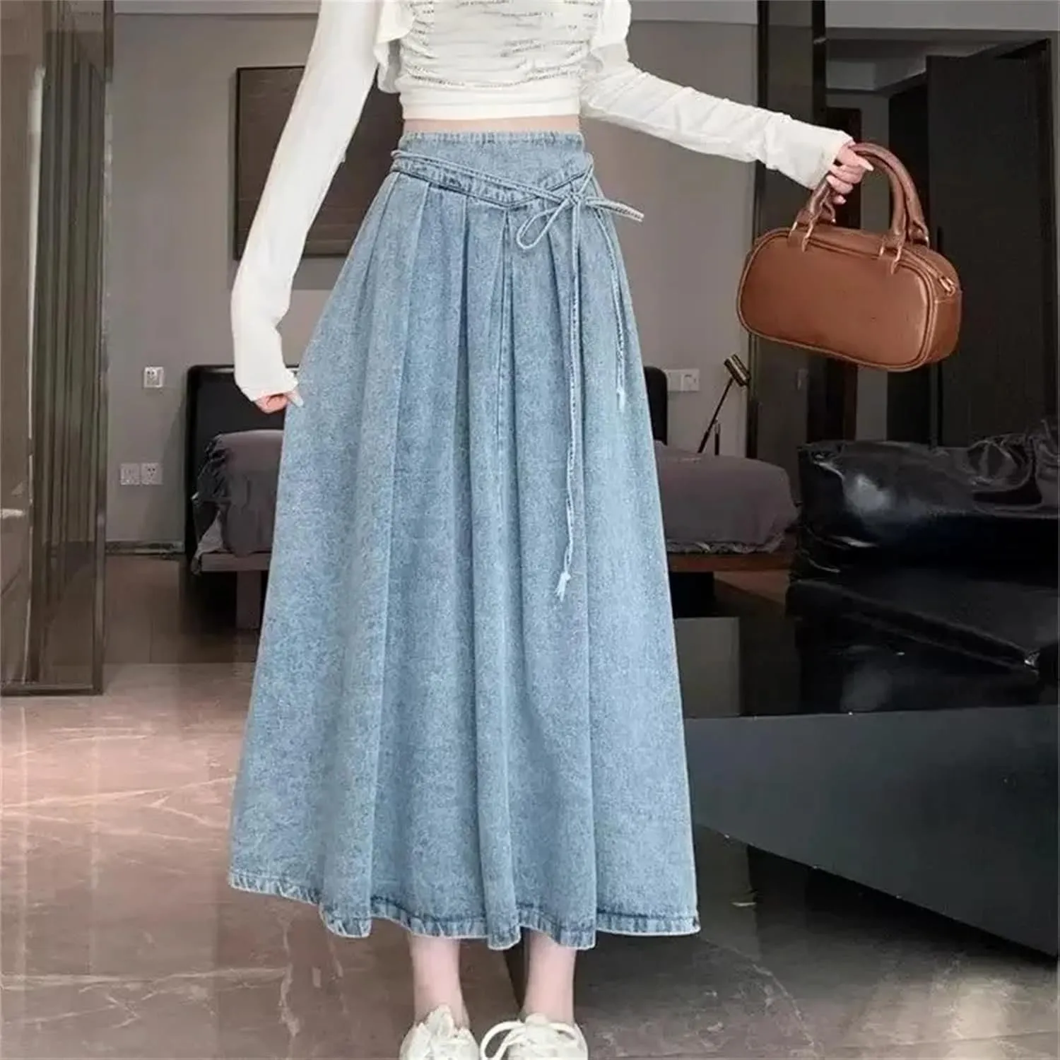 Women's Denim High-Waisted A-Line Skirt  Spring Summer Draped Casual Skirt Female Casual Dress
