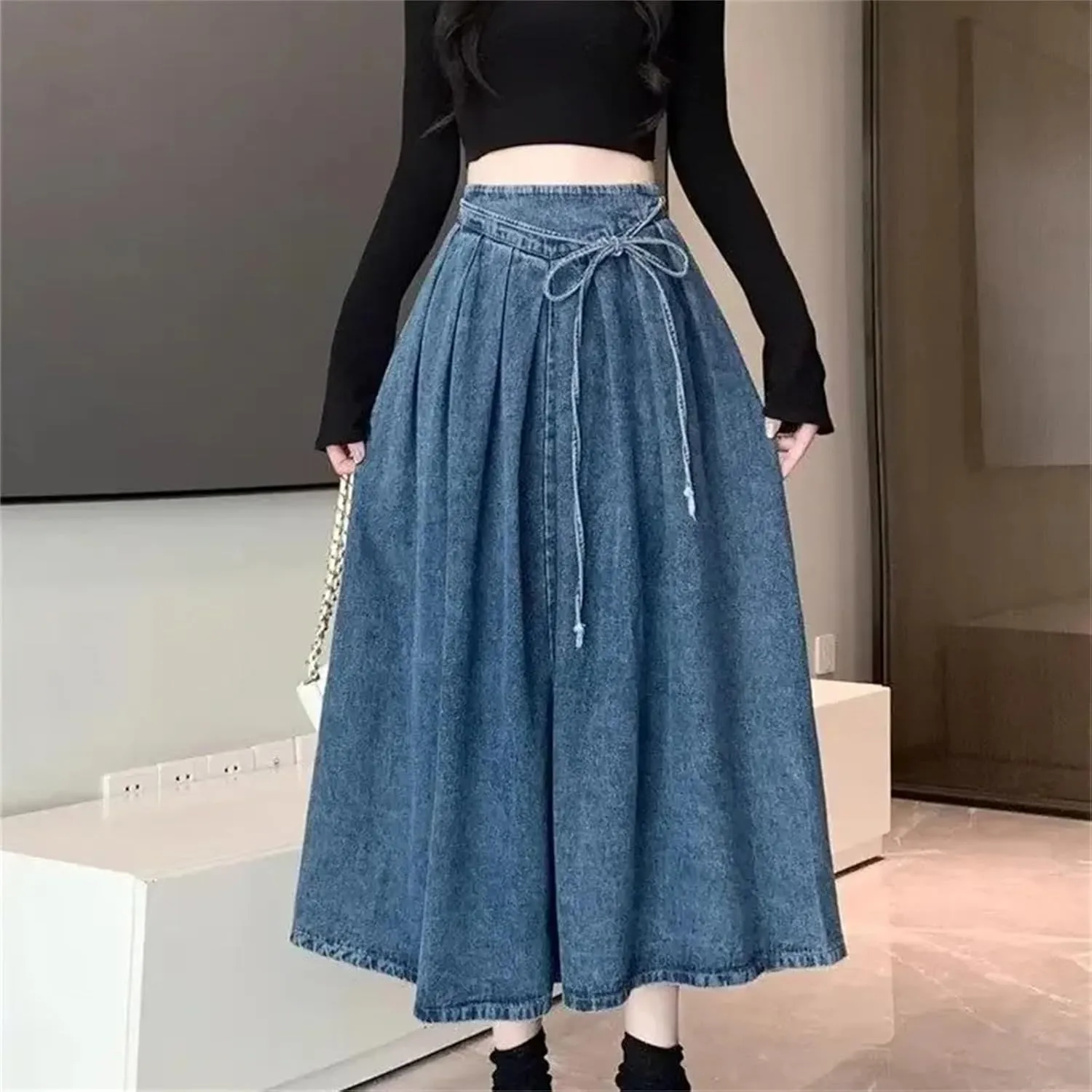Women's Denim High-Waisted A-Line Skirt  Spring Summer Draped Casual Skirt Female Casual Dress