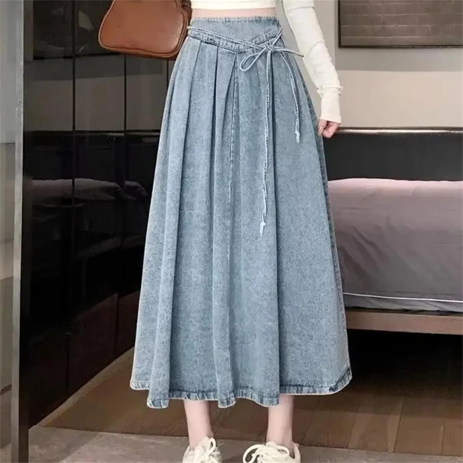Women's Denim High-Waisted A-Line Skirt  Spring Summer Draped Casual Skirt Female Casual Dress