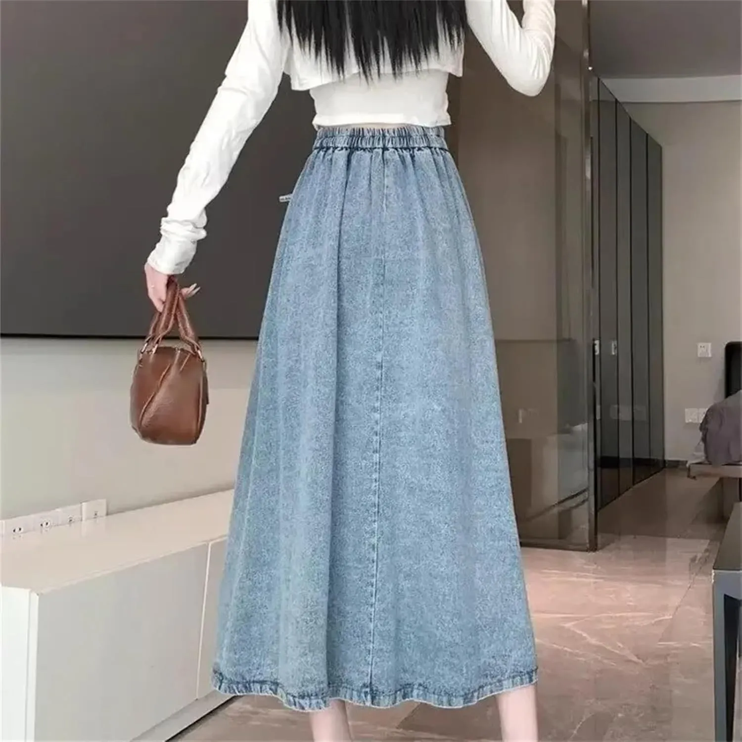 Women's Denim High-Waisted A-Line Skirt  Spring Summer Draped Casual Skirt Female Casual Dress