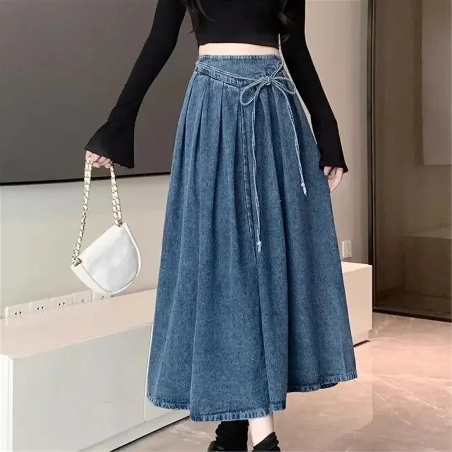 Women's Denim High-Waisted A-Line Skirt  Spring Summer Draped Casual Skirt Female Casual Dress