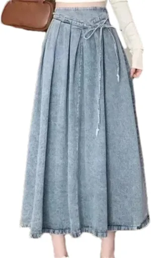 Women's Denim High-Waisted A-Line Skirt  Spring Summer Draped Casual Skirt Female Casual Dress