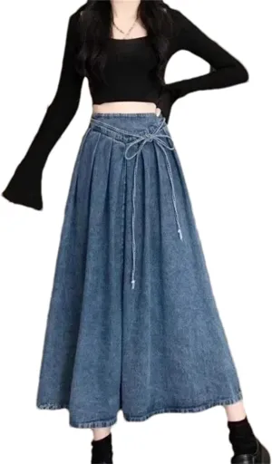 Women's Denim High-Waisted A-Line Skirt  Spring Summer Draped Casual Skirt Female Casual Dress