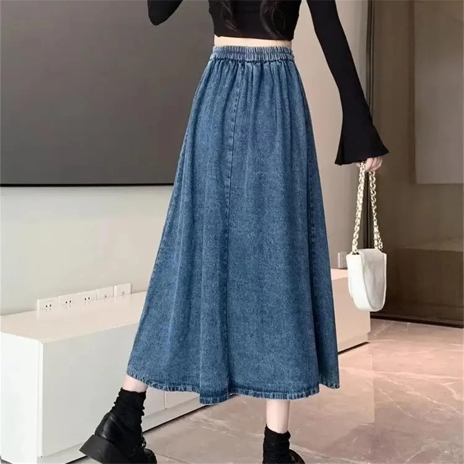 Women's Denim High-Waisted A-Line Skirt  Spring Summer Draped Casual Skirt Female Casual Dress