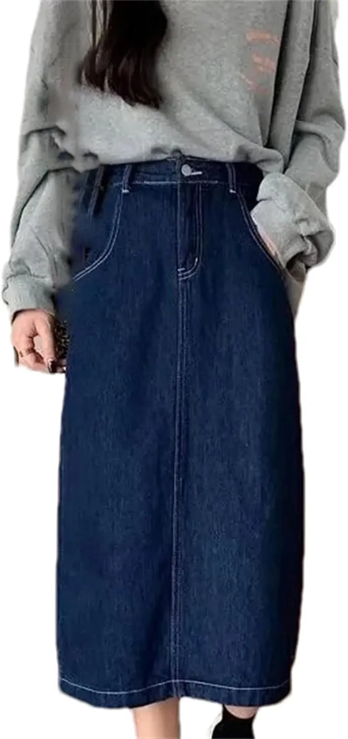 Women's Denim Skirt  High-Waisted Slimming A-Line Medium-Length Summer Fashion Work Dress with Pockets
