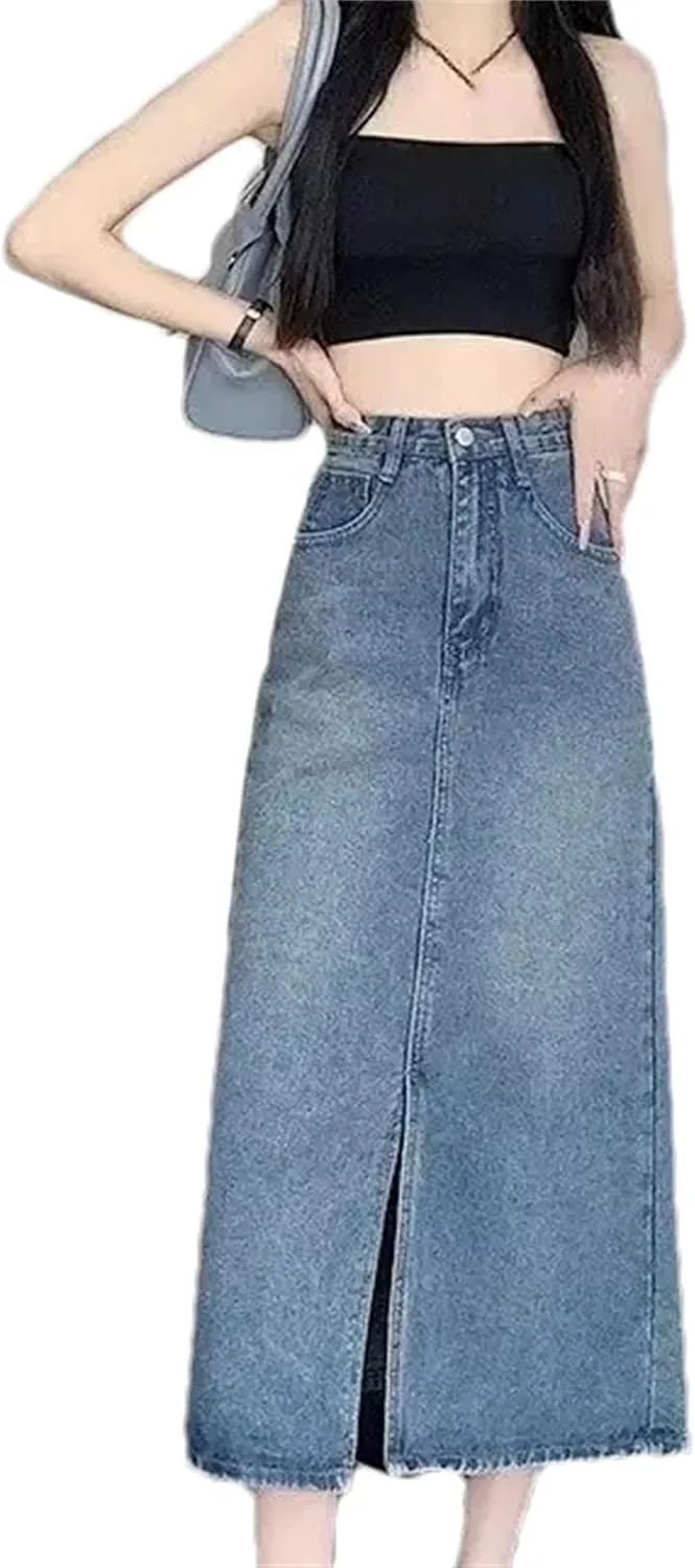 Women's Denim Skirt  High-Waisted Slimming Fringe Medium-Length Casual All-Season