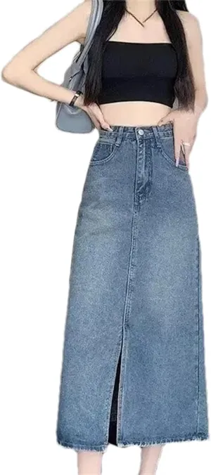 Women's Denim Skirt  High-Waisted Slimming Fringe Medium-Length Casual All-Season
