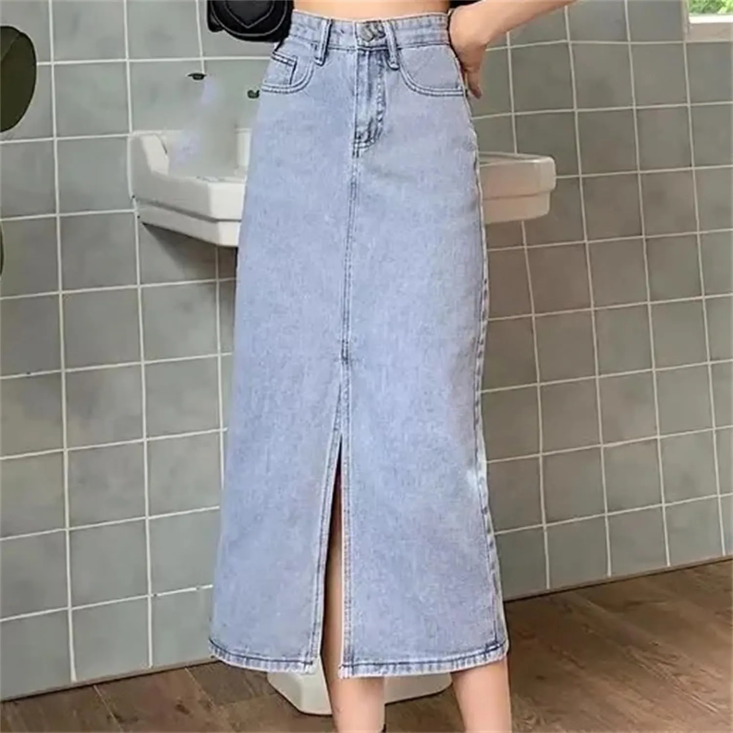 Women's Denim Skirt  High-Waisted Slimming Long Dress A-Line Skirt with Side Slit Dress