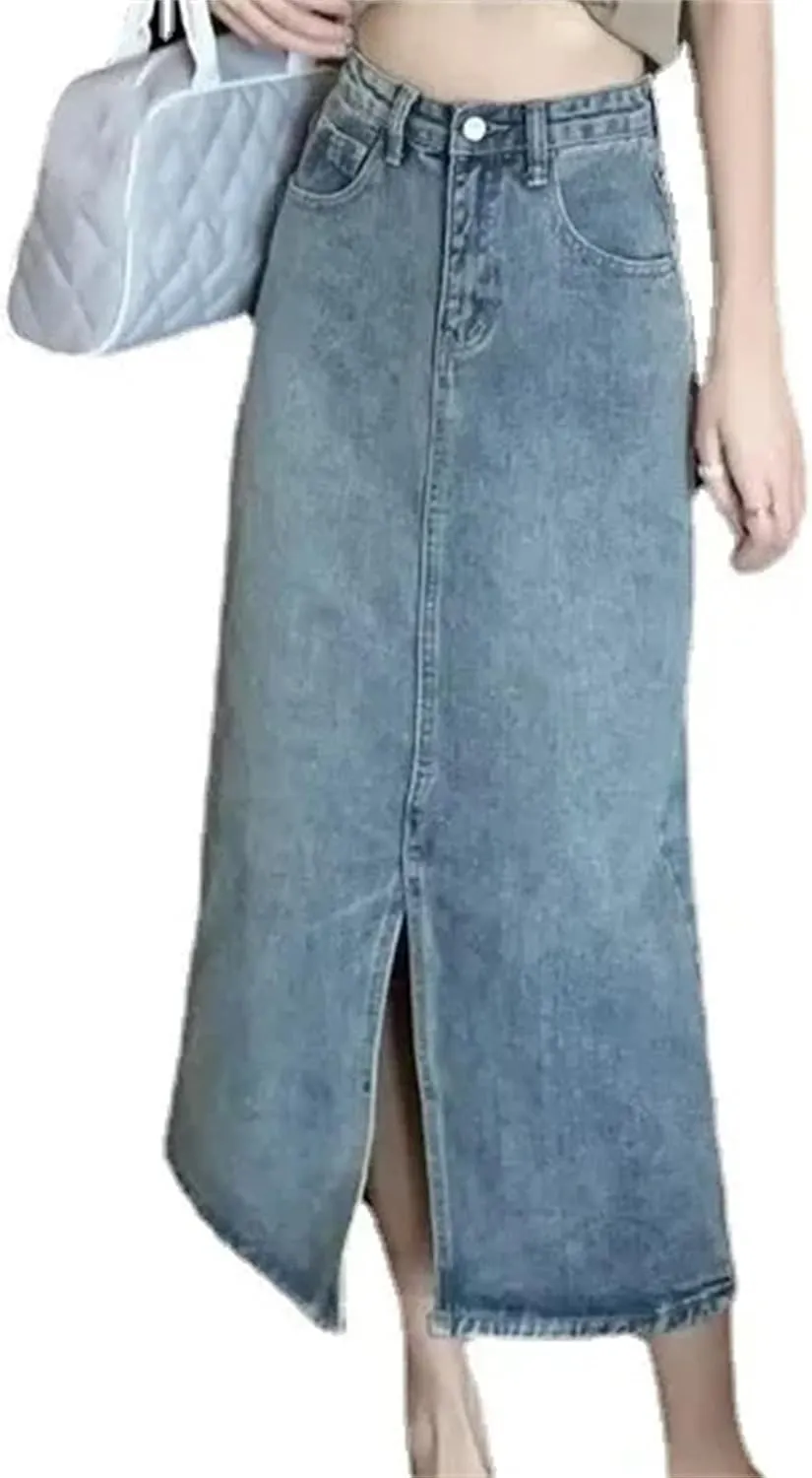 Women's Denim Skirt  High-Waisted Slimming Long Dress A-Line Skirt with Side Slit Dress