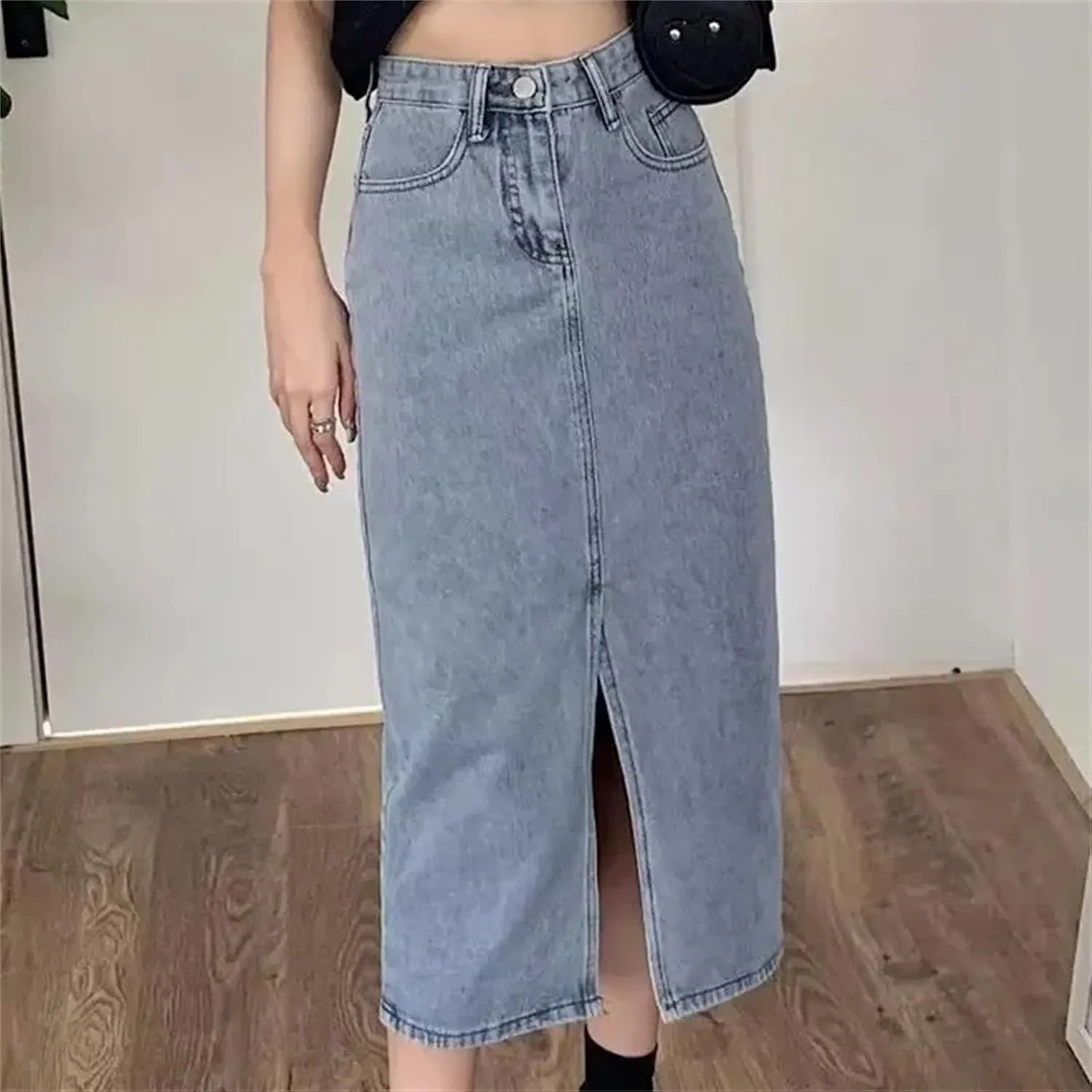 Women's Denim Skirt  High-Waisted Slimming Long Dress A-Line Skirt with Side Slit Dress