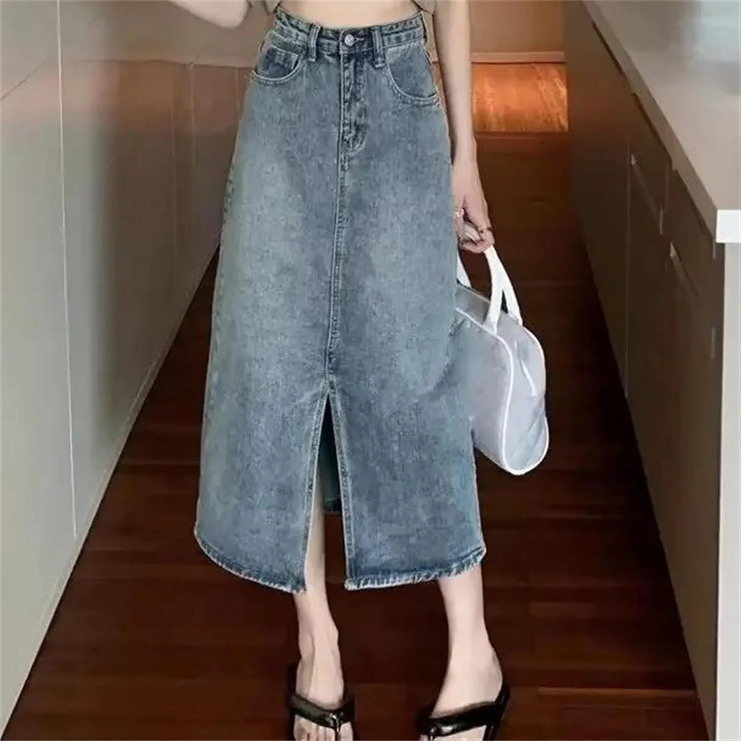 Women's Denim Skirt  High-Waisted Slimming Long Dress A-Line Skirt with Side Slit Dress