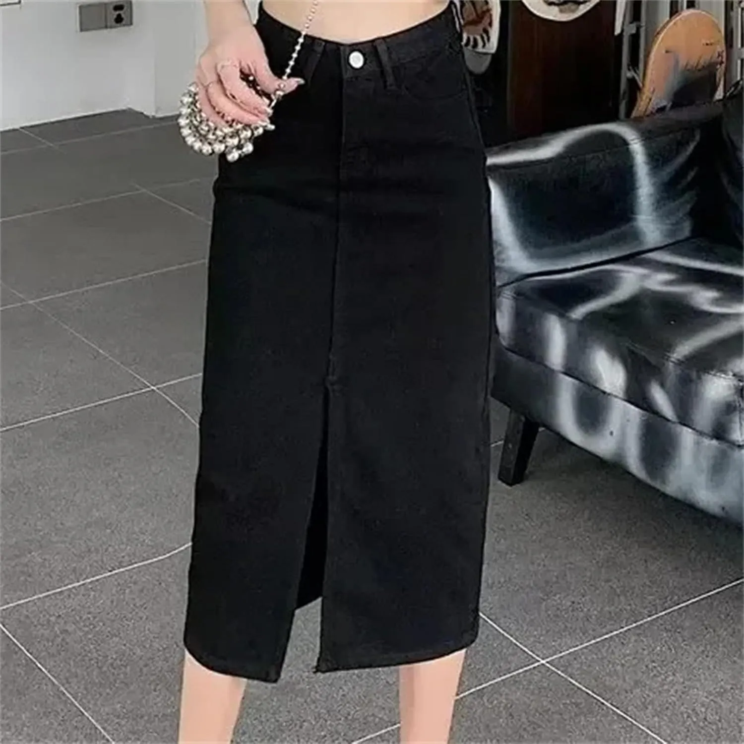 Women's Denim Skirt  High-Waisted Slimming Long Dress A-Line Skirt with Side Slit Dress