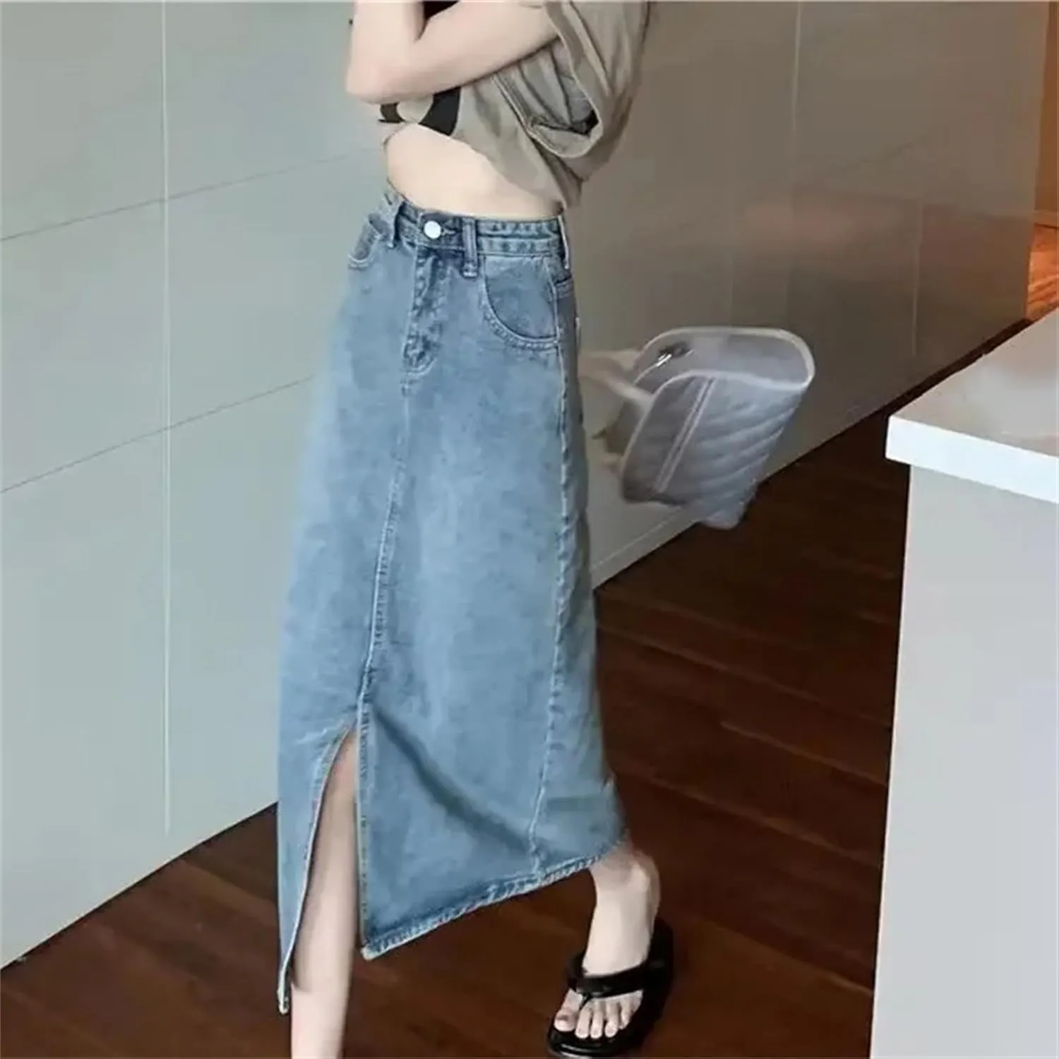 Women's Denim Skirt  High-Waisted Slimming Long Dress A-Line Skirt with Side Slit Dress