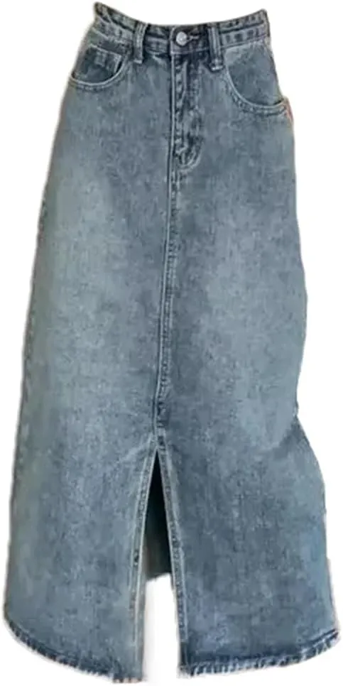 Women's Denim Skirt  High-Waisted Slimming Long Dress A-Line Skirt with Side Slit Dress