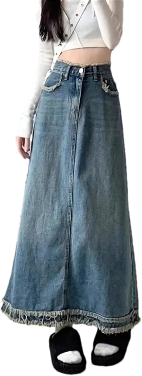 Women's Denim Skirt  Loose-Fit Medium-Length High-Waisted Summer Casual Elastic Pockets Work Midi A-Line Skirt