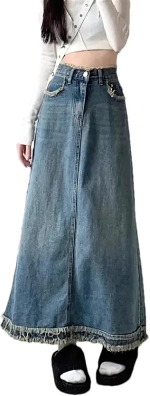 Women's Denim Skirt  Loose-Fit Medium-Length High-Waisted Summer Casual Elastic Pockets Work Midi A-Line Skirt