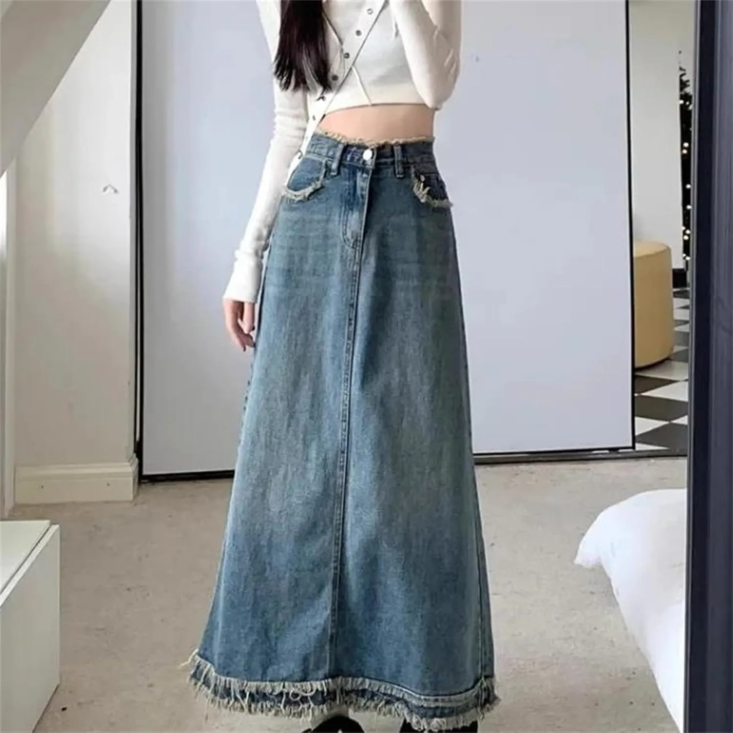 Women's Denim Skirt  Loose-Fit Medium-Length High-Waisted Summer Casual Elastic Pockets Work Midi A-Line Skirt