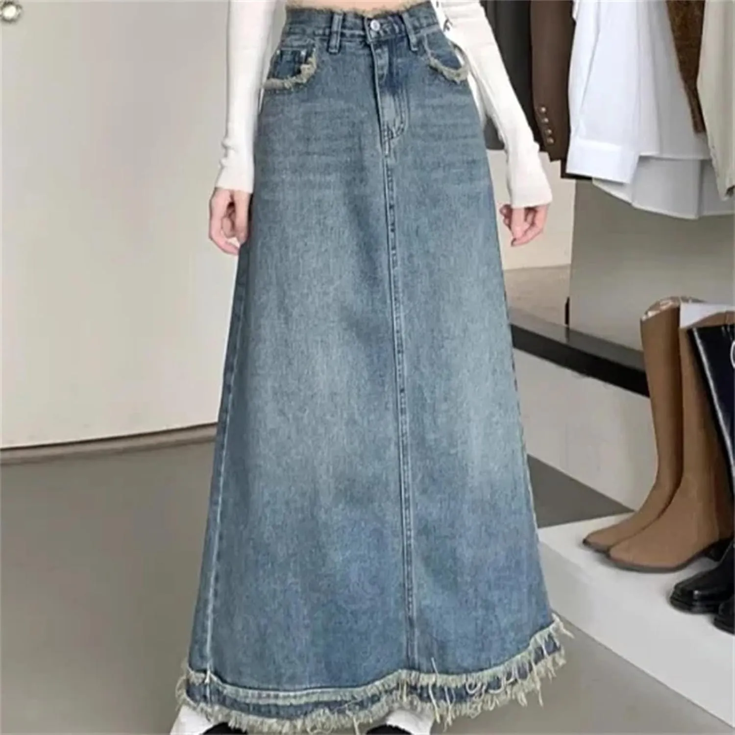 Women's Denim Skirt  Loose-Fit Medium-Length High-Waisted Summer Casual Elastic Pockets Work Midi A-Line Skirt