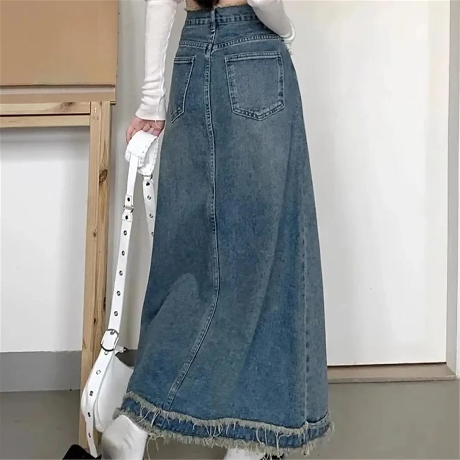 Women's Denim Skirt  Loose-Fit Medium-Length High-Waisted Summer Casual Elastic Pockets Work Midi A-Line Skirt