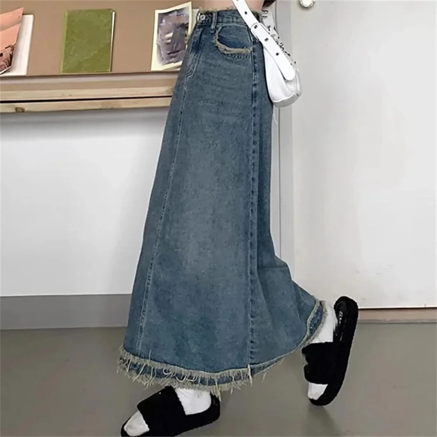 Women's Denim Skirt  Loose-Fit Medium-Length High-Waisted Summer Casual Elastic Pockets Work Midi A-Line Skirt
