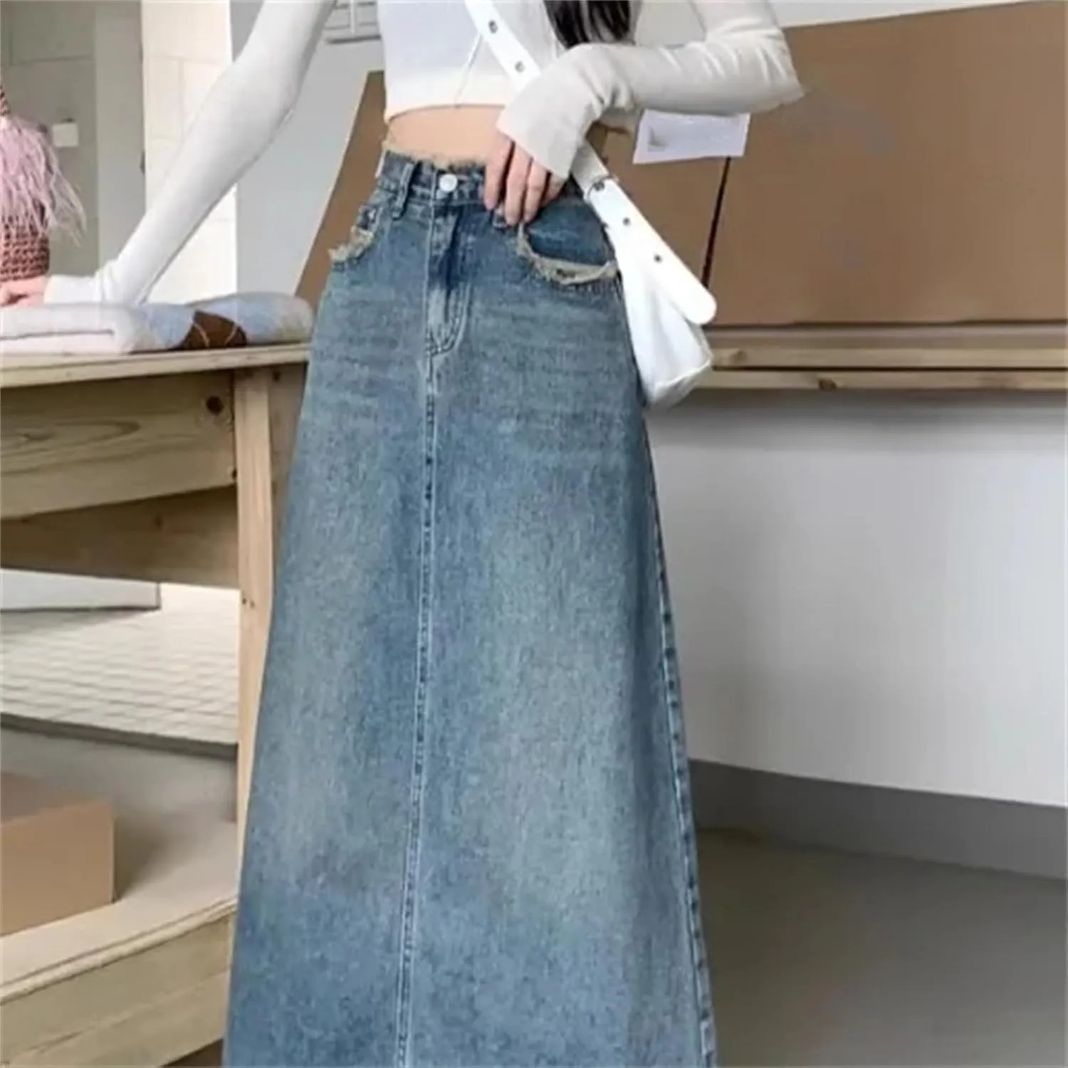 Women's Denim Skirt  Loose-Fit Medium-Length High-Waisted Summer Casual Elastic Pockets Work Midi A-Line Skirt