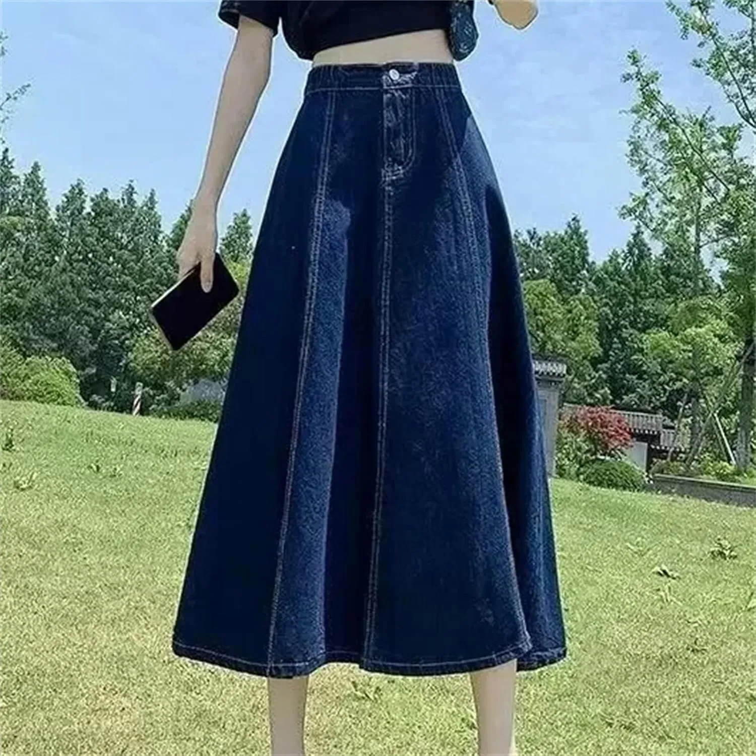 Women's Denim Skirt  Medium-Length High-Waisted A-Line Umbrella Skirt Summer Casual Elastic Waist Pockets for Work